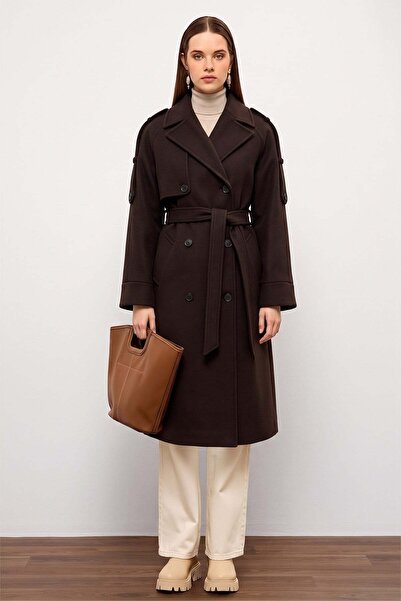 Olcay Oversize Coat with Epaulet and Cape Detail Brown 3200