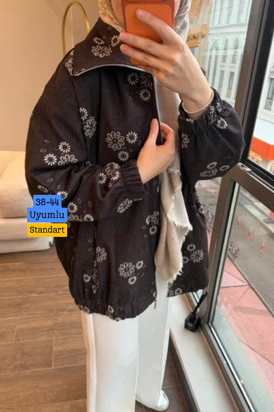 Balenbi Women's Floral Patterned Zippered Oversize Jean Bomber Jacket 380 Bro...