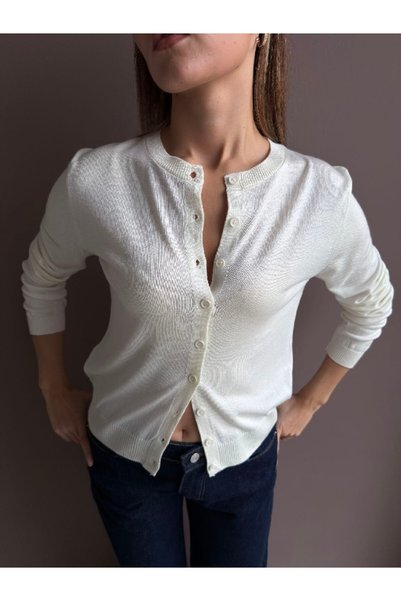 MODAMERSİ Women's ecru crew neck knit cardigan