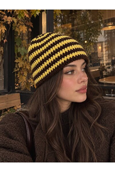 Winy Concept Kadın Erkek Unisex Çizgili Örgü Bere Kahverengi Sarı Retro Vinta...