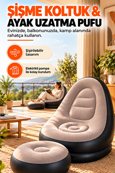 RELAXUS Şişme Koltuk ve Ayak Uzatma Pufu – Ev, Kamp, Ofis Kullanımı İçin, Pom...