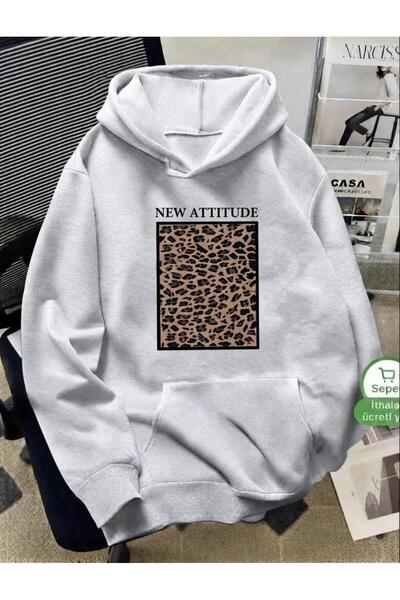 Elvino NEW ATTITUDE سويت شيرت رمادي بطبعة جلد الفهد وغطاء للرأس
