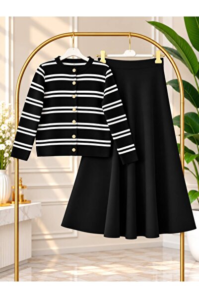 VOLT CLOTHİNG Women's Hijab Thin Striped Knitwear Cardigan Black Skirt Set