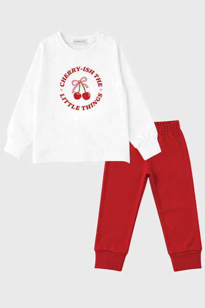 Kız Çocuk Kiraz Baskılı Uzun Kollu Pijama Takımı Bisiklet Yaka 2 Parça