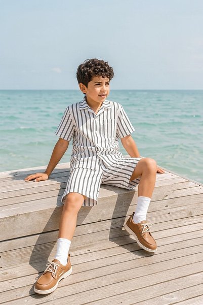 Lady Bom Boy's Shirt Collar Shorts Set Black Striped