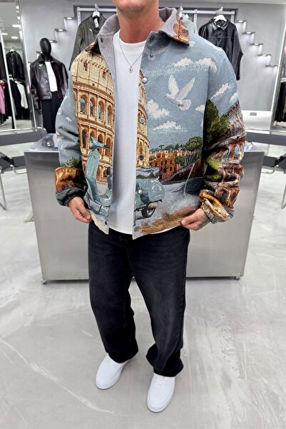 HAFKAGİYİM Vintage Retro Print Premium Dokulu Tasarım Astarlı Mont