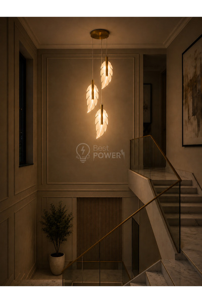 best power Artistic Feather Design Triple Golden Pendant Lamp 6338-3P - Led 4...