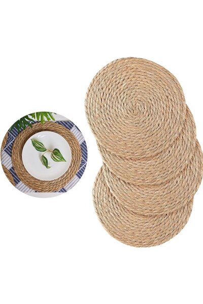 Morvena Picks Set de 4 suporturi rotunde împletite din paie, stil rustic boem...