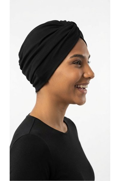 elysianfidan Cotton Hooked Black Lined Hijab Bonnet with Agraf Detail on the Front, Stylish and Comfortable.