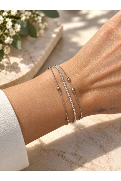 Parla Takı Studio Zircon Stone Multiple Thin Chain Women's Silver Color Brace...