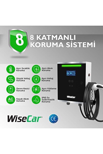 WiseCar WT1 Smart 7.4 kW Duvar Tipi Elektrikli Araç Şarj İstasyonu Kablolu - Kartsız