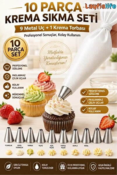10 Parça Krema Sıkma Torbası Seti Pasta, Kek ve Kurabiye Süsleme Aparatı Paslanmaz Çelik Uçlu
