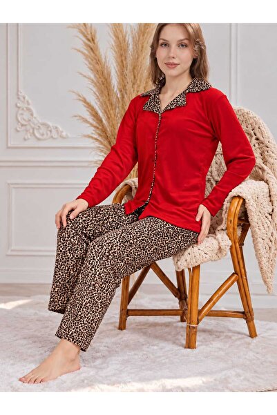 Umi Han Tekstil Leopar Desenli Kırmızı Renkli Kadife Kumaş Alt Üst Kadın Pija...