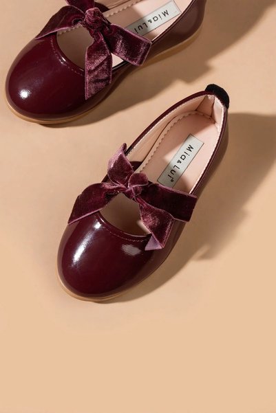 Little Ya Ya Love Girl's Burgundy Velvet Bow Detail Ballerinas
