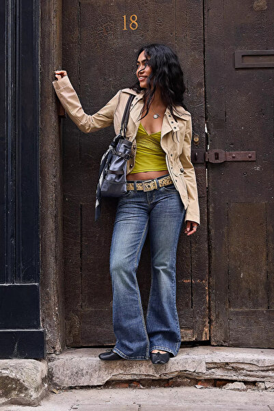Messy Girls Düşük Bel Skinny İspanyol Paça Jean Kadın Y2K Flare Denim Pantolon