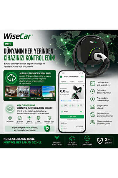 WiseCar WTL Yapay Zeka Destekli Akıllı Elektrikli Araç Şarj Cihazı 22 kW - Beyaz Kartsız