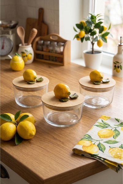 Kare Home Vacuum-Proof 3-Piece Glass Storage Container with Bamboo Lid [Full Lemon Detail]