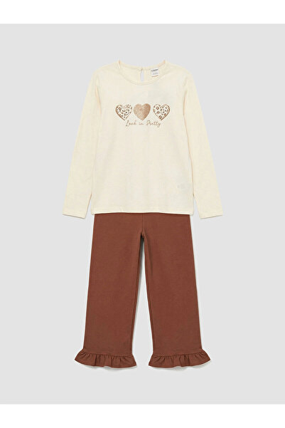 LC Waikiki Ecru Printed Girl's T-Shirt and Leggings