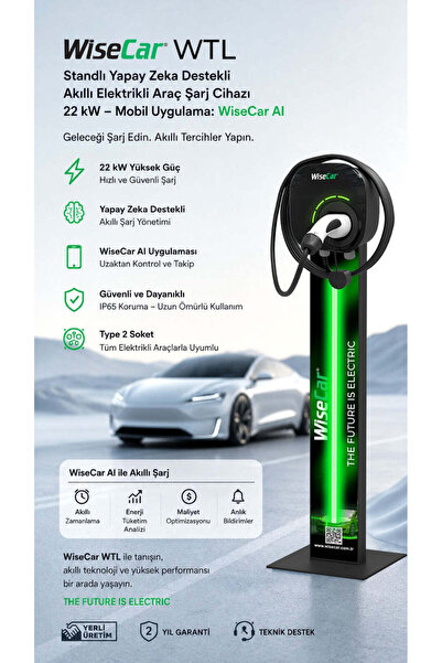 WiseCar WTL Standlı 22 kW Akıllı Elektrikli Araç Şarj Cihazı - Siyah Kartsız Ledsiz 8 Metre