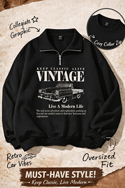 Vordevia Hanorac oversize unisex cu jumătate de fermoar, imprimat vintage, cu...