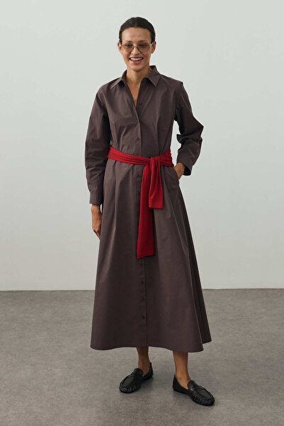 Fahhar Beli Curved Hem Shirt Dress Brown
