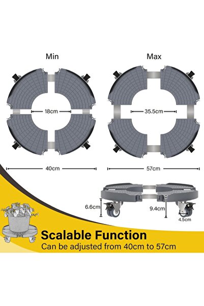 WELDUN Set de 2 suporturi mobile reglabile pentru ghivece de flori, diametru 40-54 cm, capacitate 200 kg, 4 roți duble pivotante la 360 de grade cu frână, impermeabile, pentru interior și exterior, accesorii de montaj, gri