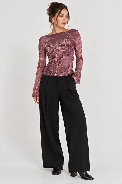 BLOUSE Vücuda Oturan Kayık Yaka Asimetrik Bel Detaylı Tül Bluz