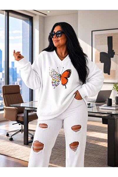 BENROMA 3 Yarn Combed Cotton V-Neck Butterfly Printed Sweatshirt Pyq4
