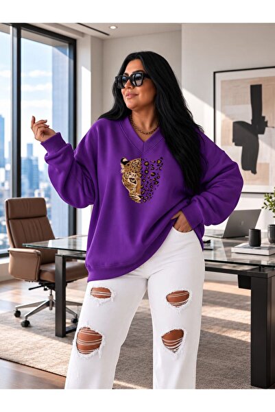 BENROMA 3 Yarn Combed Cotton V-Neck Leopard Print Sweatshirt Pyq3