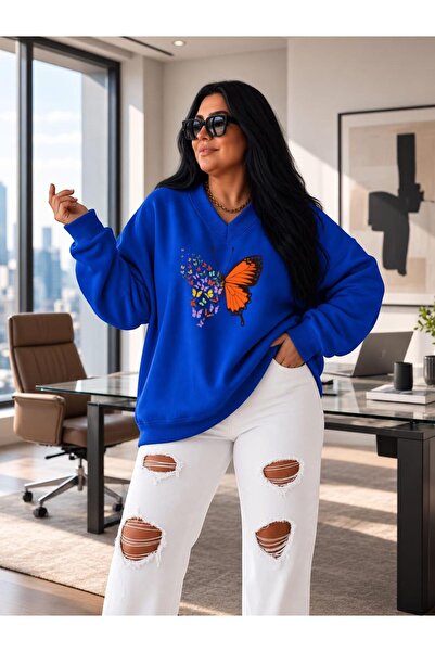 BENROMA 3 Yarn Combed Cotton V-Neck Butterfly Printed Sweatshirt Pyq4
