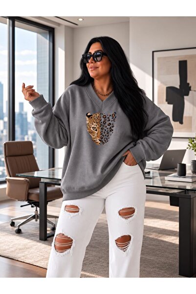 BENROMA 3 Yarn Combed Cotton V-Neck Leopard Print Sweatshirt Pyq3