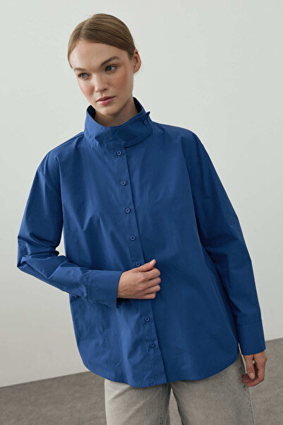 Fahhar High Collar Shirt Dark Blue