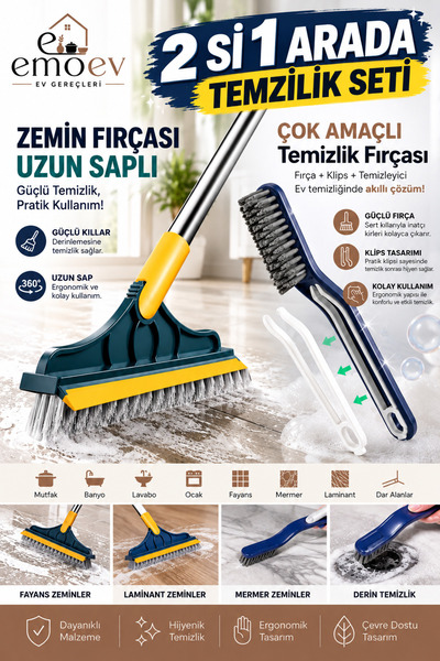 Emoev Uzun Saplı Zemin Yer Fırçası + Çok Amaçlı Klipsli Temizlik Fırçası 2’si...