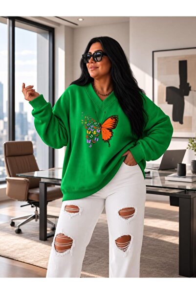 BENROMA 3 Yarn Combed Cotton V-Neck Butterfly Printed Sweatshirt Pyq4