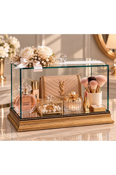 AYZ HOME Glass Dowry Bundle Box 35X20X20 cm – Decorative Glass Display Box with Floral Ribbon