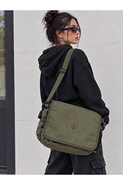 nesebutik Minimal Leaf Printed Khaki Messenger Bag Cross Shoulder Bag School ...