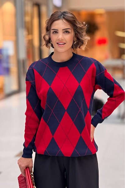 Nevin Kaya Moda Red Navy Blue Color Diamond Patterned Sweater