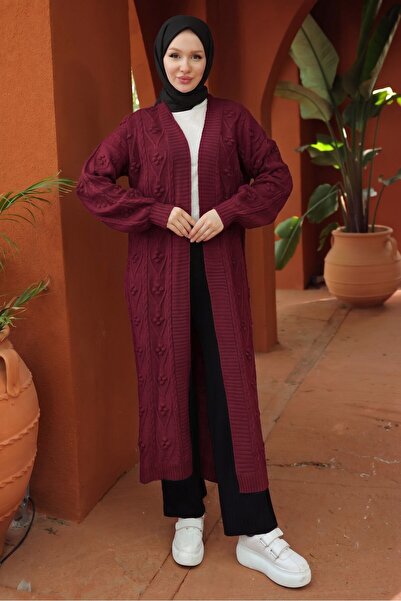 HNT Hayrunnisa Tesettür Cherry Patterned Long Knitwear Cardigan Claret Red Hn...