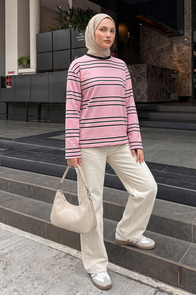 Salih Çelebi Crew Neck Pinstripe Tunic 27189 - Pink