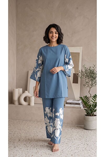 iza Women co-ord Set, Blue Floral Print