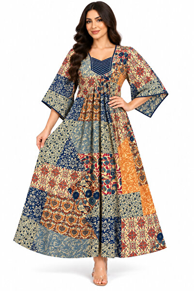 Generic Brand Women's Maxi Dress with Luxurious Patchwork Prints and Flared S...