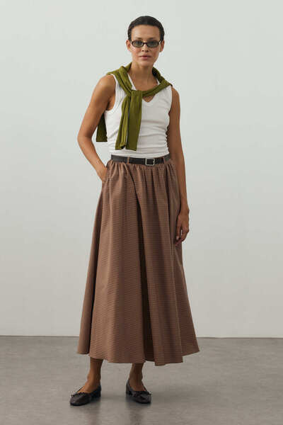 Fahhar Small Plaid Gathered Skirt Camel