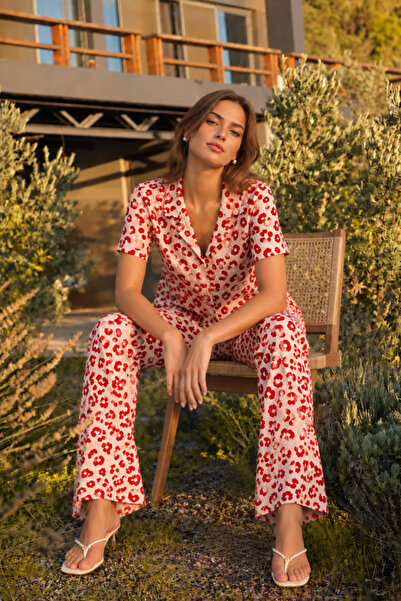 Mindy Kadın Yaka Detaylı Kısa Kol Casual Kırmızı Pijama Takımı