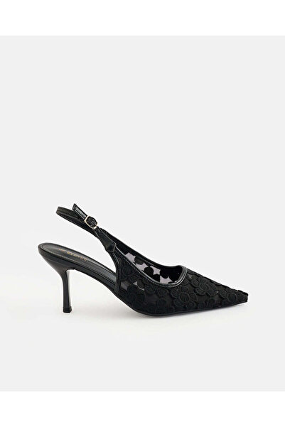 REDTAG Women Black Lace Embellished Pointed Sling Back