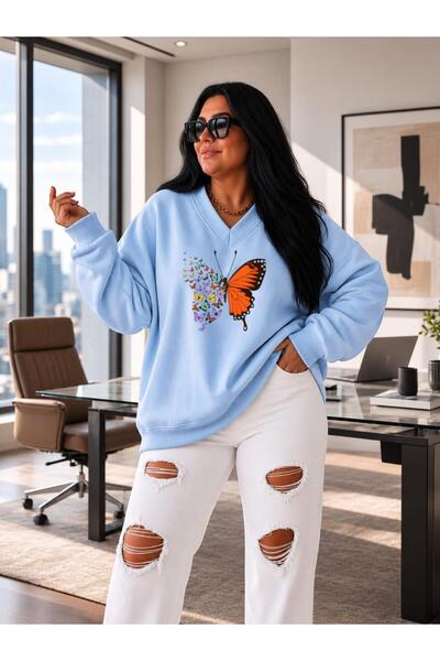 BENROMA 3 Yarn Combed Cotton V-Neck Butterfly Printed Sweatshirt Pyq4