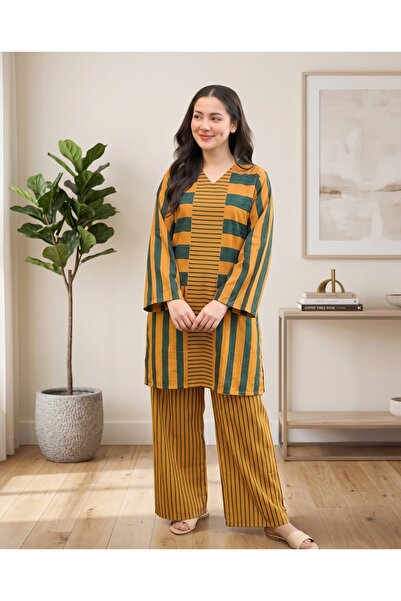 iza Women Co-ord Set, Mustard & Green Stripe Print