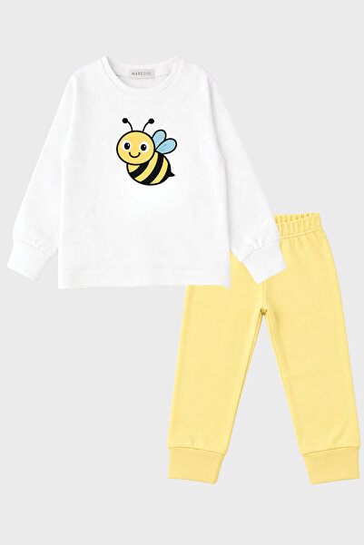 MARKOLL Unisex Çocuk Arı Baskılı Sarı Pijama Takımı Uzun Kollu Bisiklet Yaka