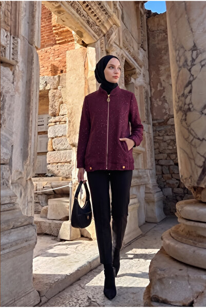 Armine TREND Fermuar Detaylı Taş Süslemeli Cepli Uzun Ceket Modern Şık Günlük...