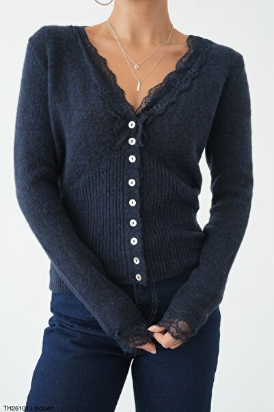 Lupies Women's Navy Blue Lace Detailed Buttoned Knitwear Cardigan