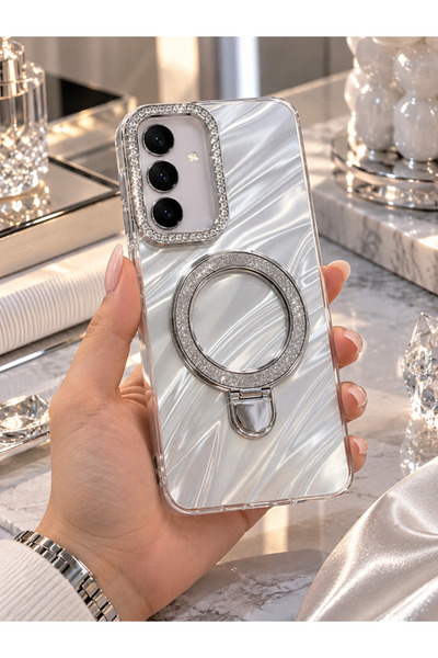 Samsung Galaxy A37 Uyumlu Standlı Premium Taşlı Parlak Sedefli Kılıf – Kamera Çerçeveli, Şık Tasarım, Darbe Emici